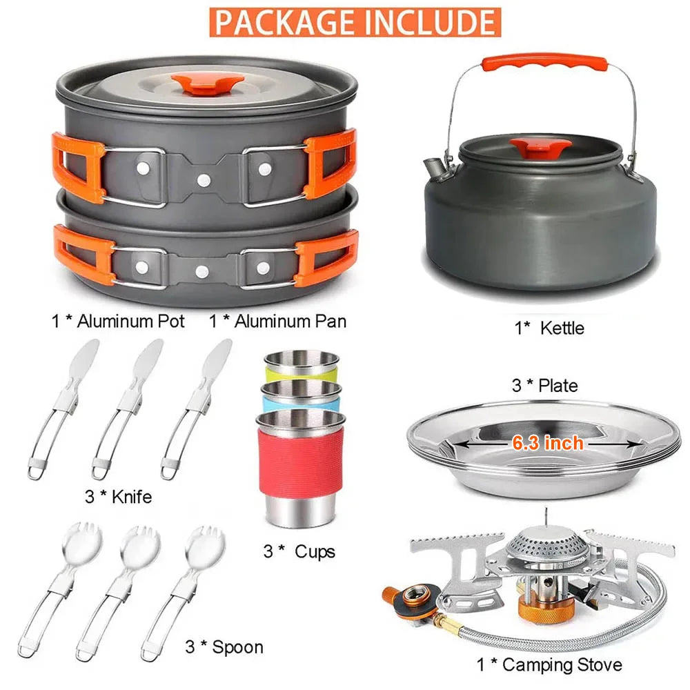 Camping Travel Equipment Tableware Cookware Kit Pots Burner