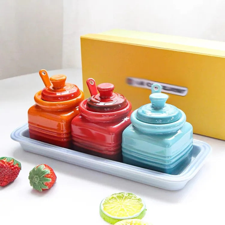 3pcs Ceramic Spice Container Storing Salt Sugar Pepper