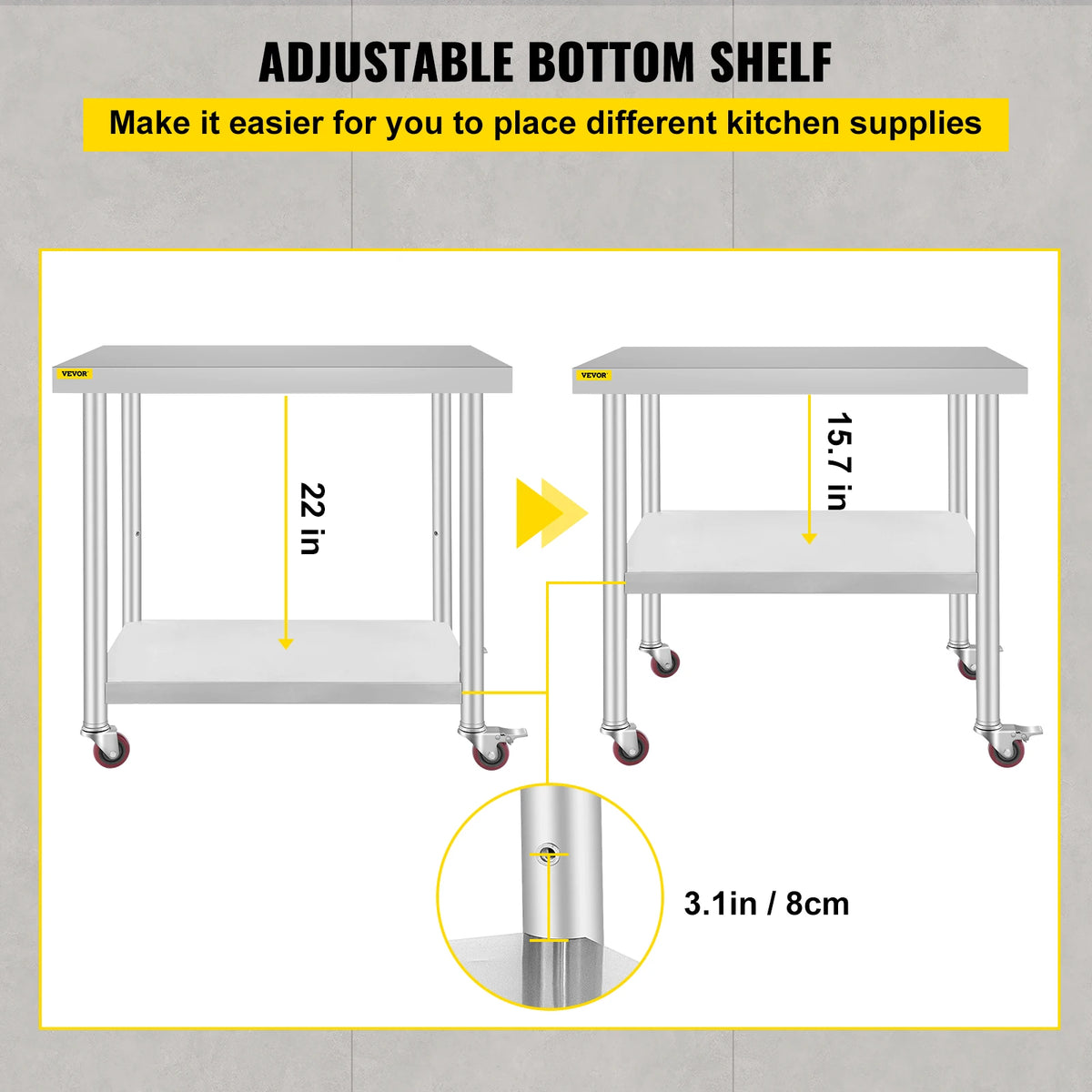 Succebuy Stainless Steel Prep Table Caster Wheels Backsplash