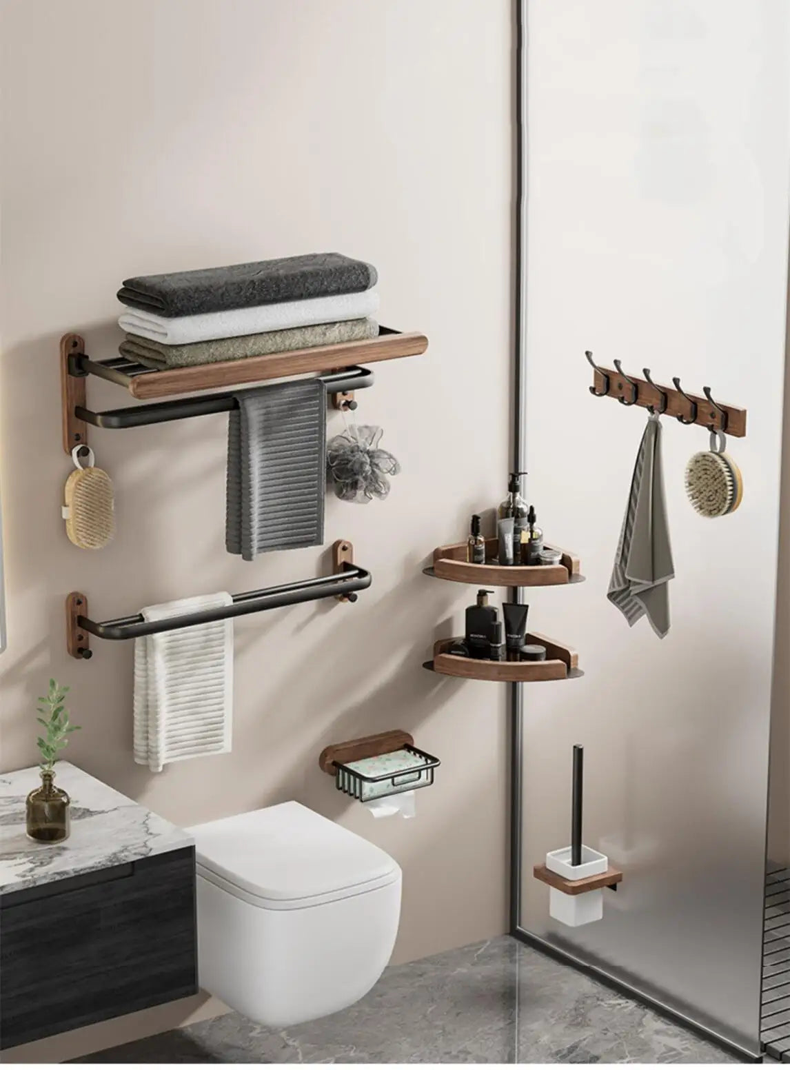 Walnut Wood Black Bathroom Hardware Bathroom Towel Rack
