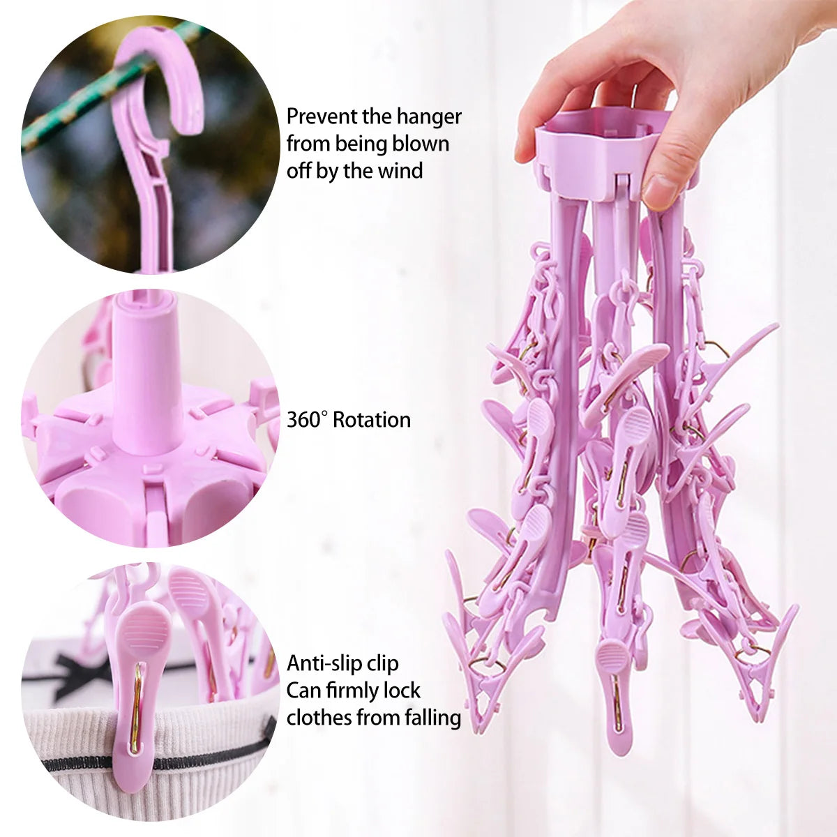 24-Clips Windproof Drying Rack Rotatable Foldable Hanger Sock