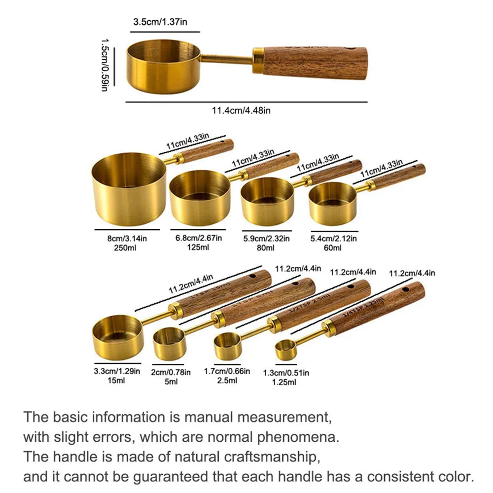 1/4/8pcs Gold Wooden Handle Stainless Steel Measuring Cups