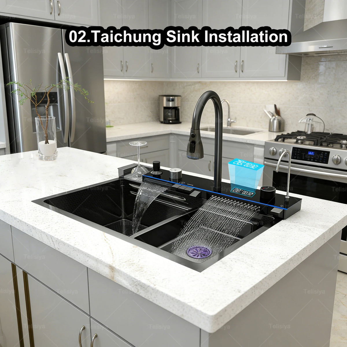 Stainless Steel Sink Digital Display Waterfall Large Slot