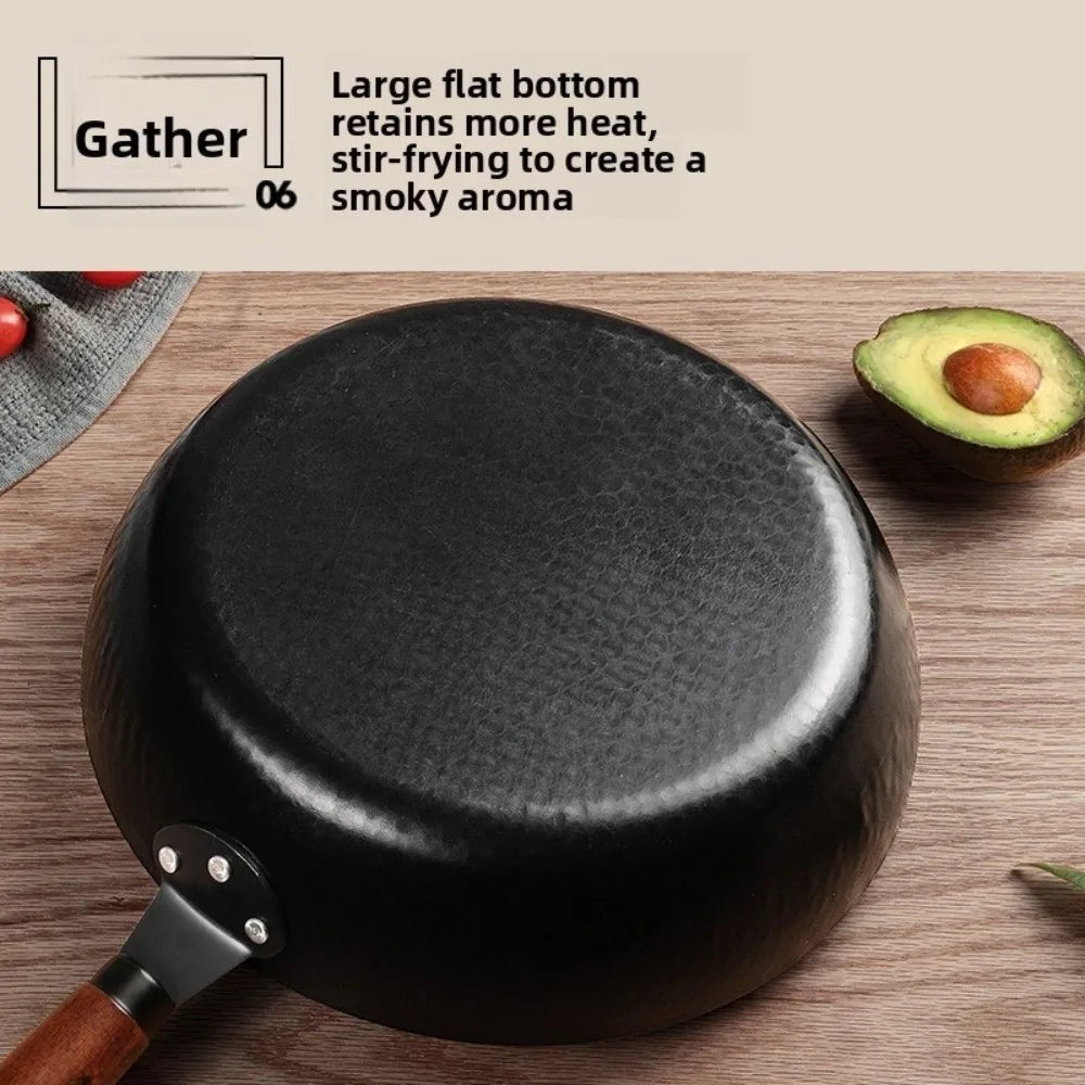 Hand Forged Cast Iron Pan Wooden Handle Uncoated