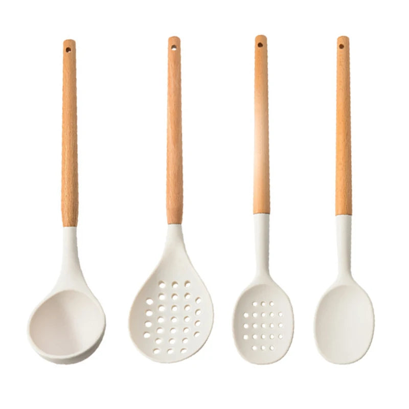 White Silicone Wooden Handle Soup Spoon Spatula Brush