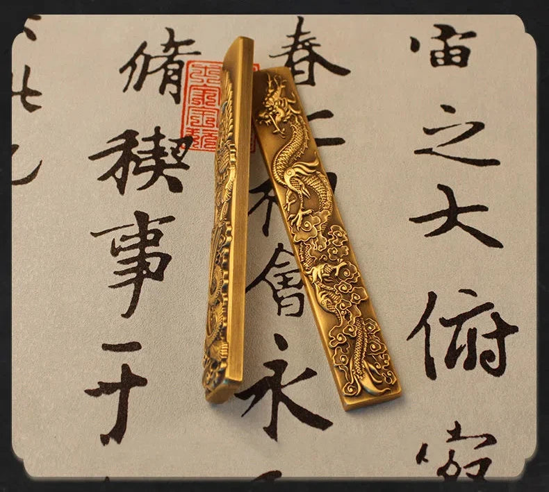 Chinese Style Brass Paperweight Antique Hand Painting Calligraphy