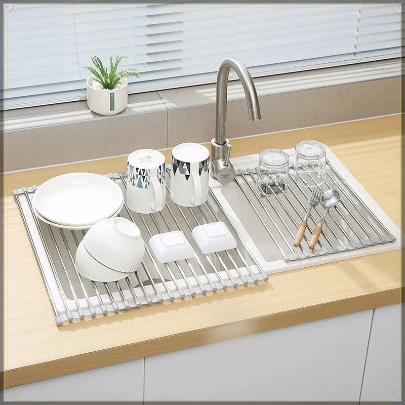 Roll Up Sink Drain Rack Stainless Steel Foldable