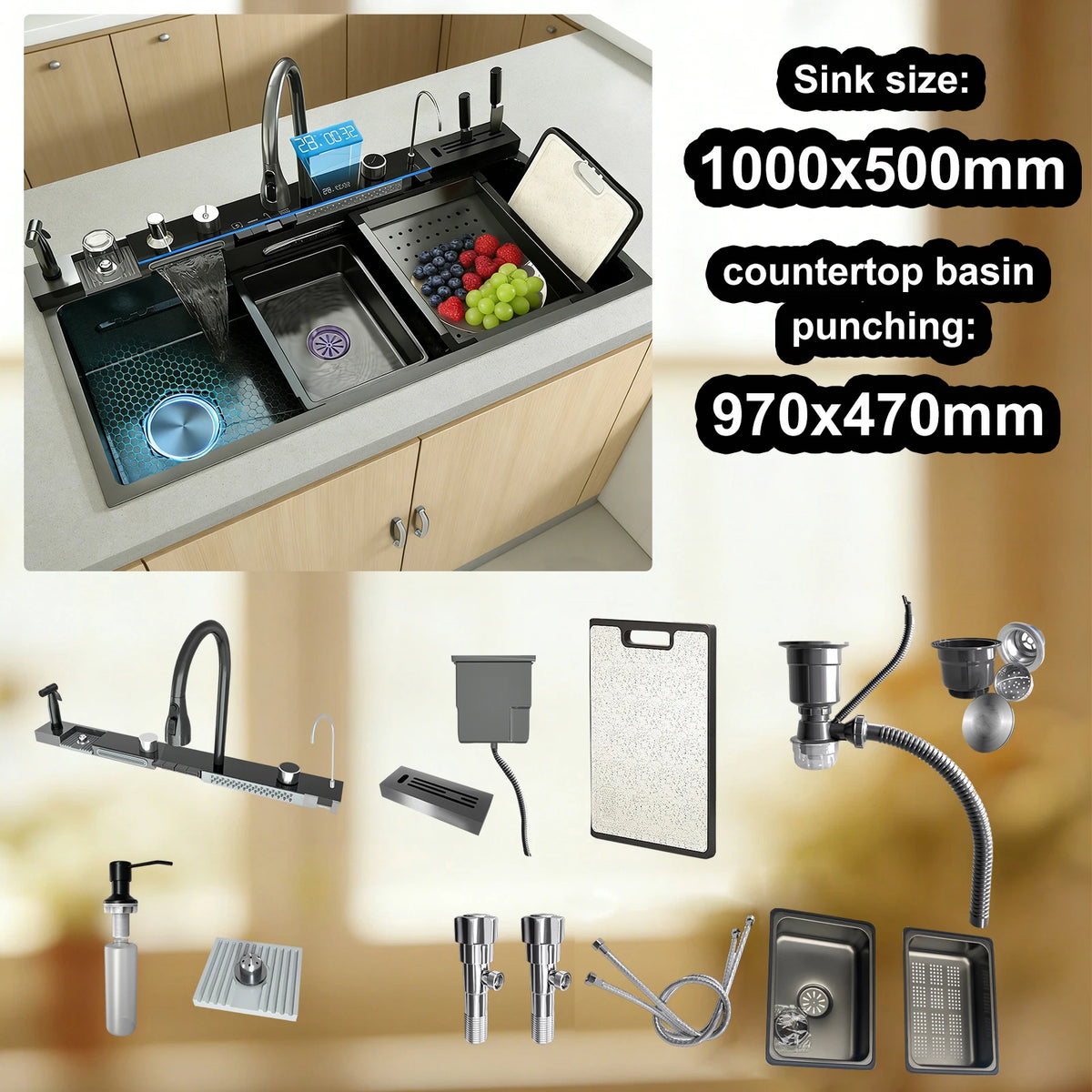 Stainless Steel Sink Digital Display Waterfall Large Slot