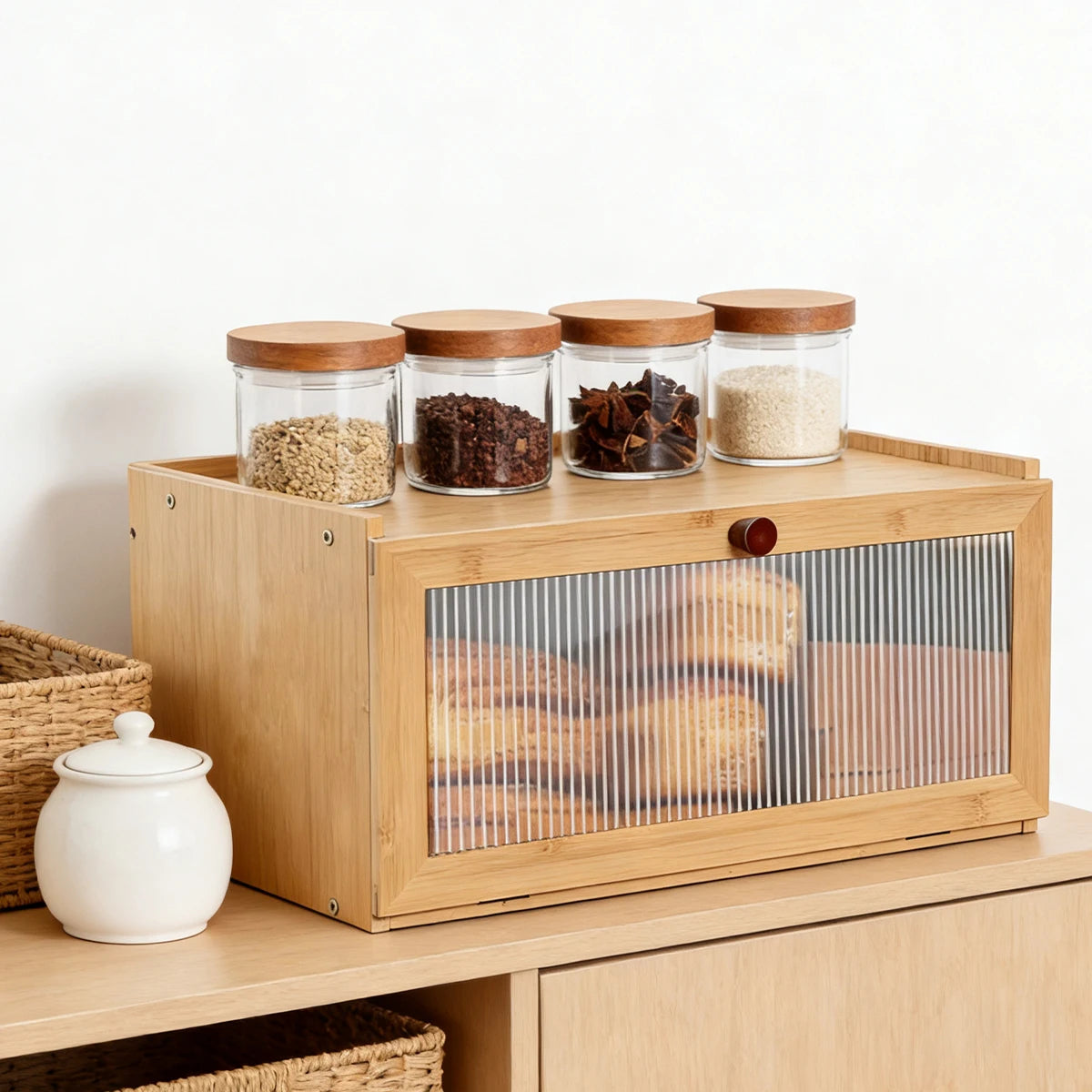 Natural Bamboo Bread Box Counter - Large Capacity