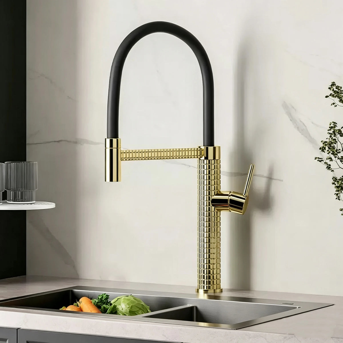Black Spring Faucet Pull Down Handheld Shower Carved