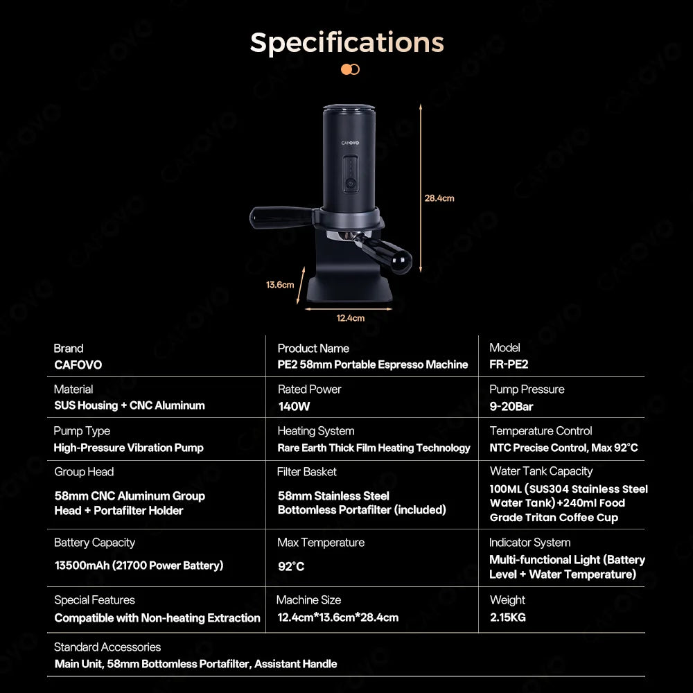 Cafovo Pe2 Wireless Espresso Machine 58mm Bottomless Portafilter