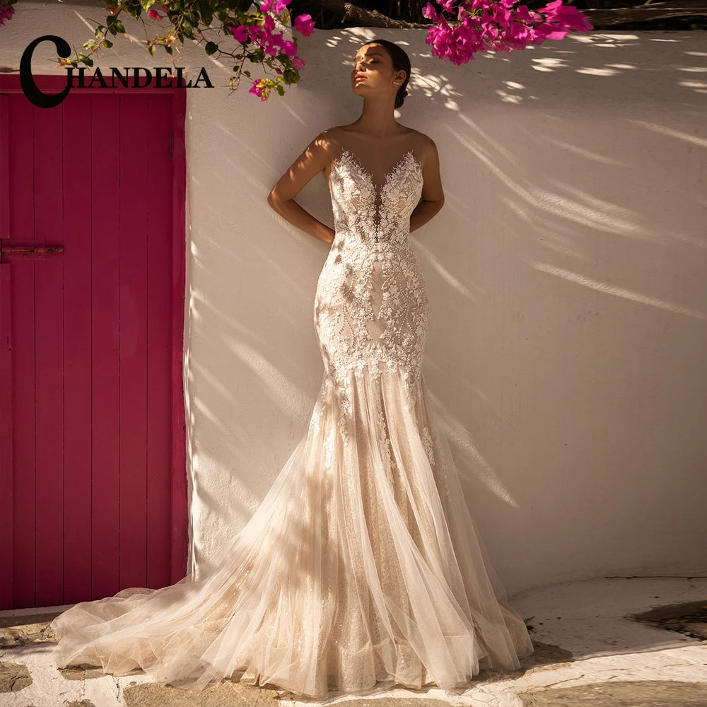 Chandela Bling Neck Wedding Dresses Woman Bride Detachable