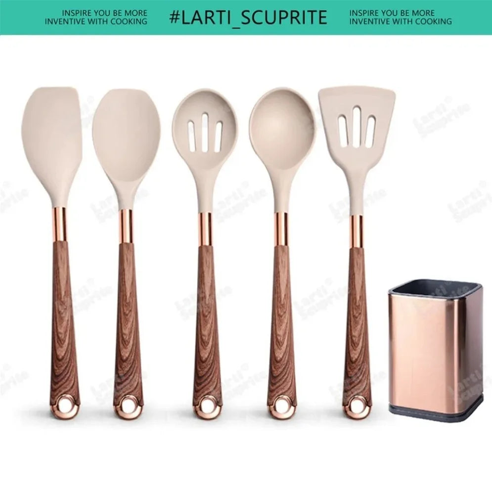 Gold Plated Handle Silicone Cooking Utensils Non-Stick Bpa