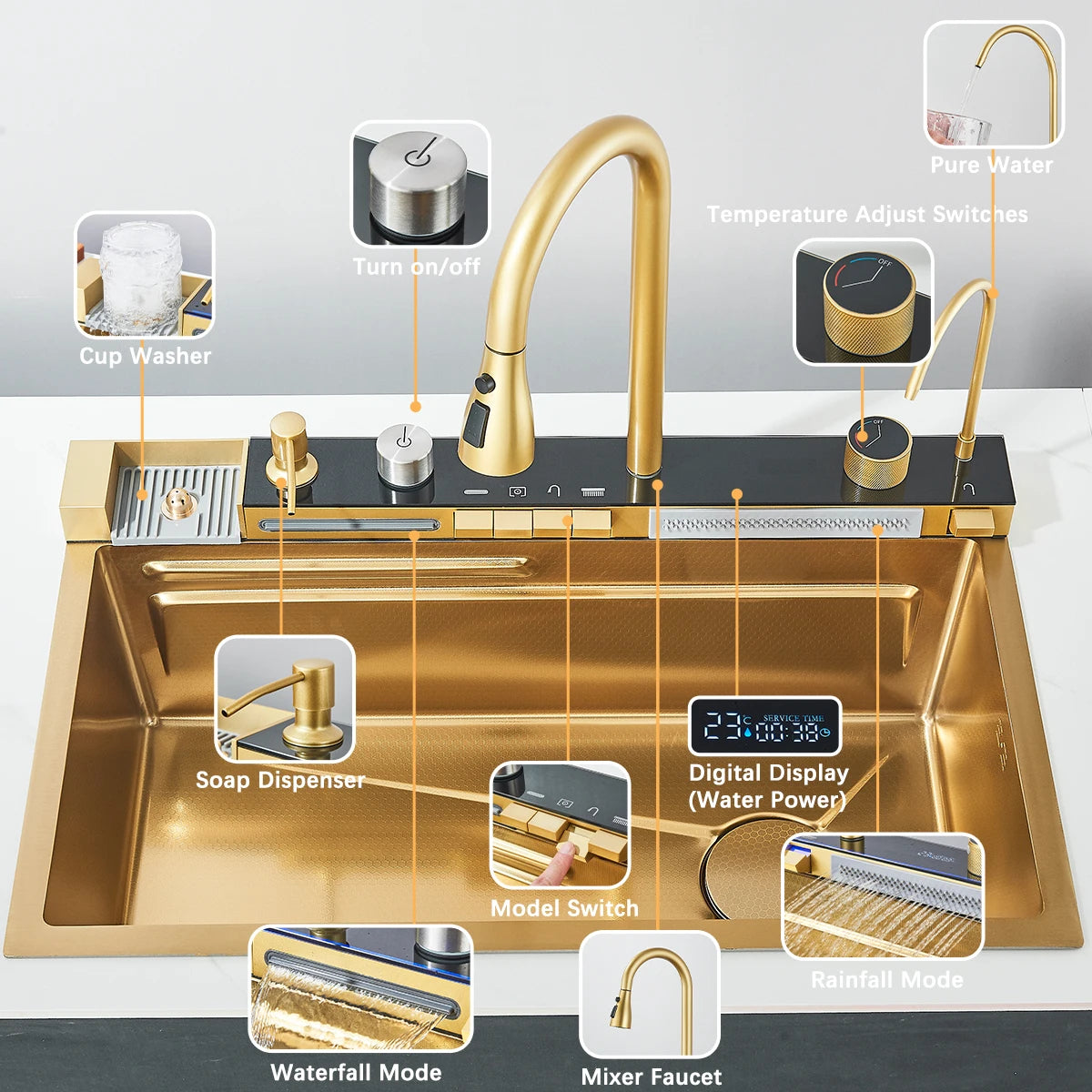 Shinesia 201stainless Steel Sink Double Waterfall Slot Digital