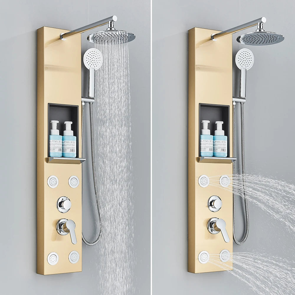 Black Shower Panel Storage Rack Rainfall Shower Faucet