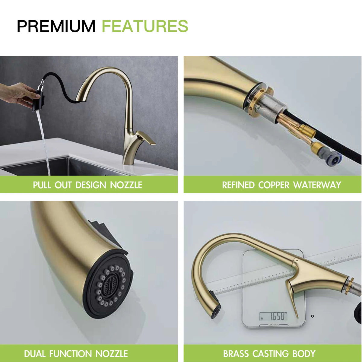 Luxury Brushed Gold Brass Faucet Pull-Out Design 2-Function