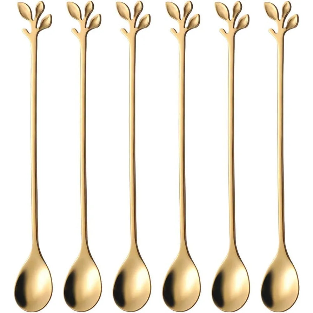 6pcs/Set Long Handle 4-Inch Leaf Teaspoons Gold Stainless