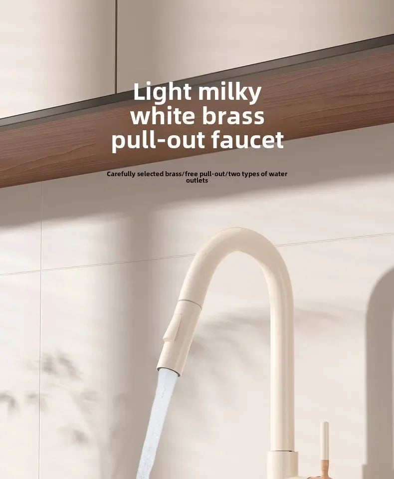 Cream Wooden Handle All Copper Faucet - Pull-Out