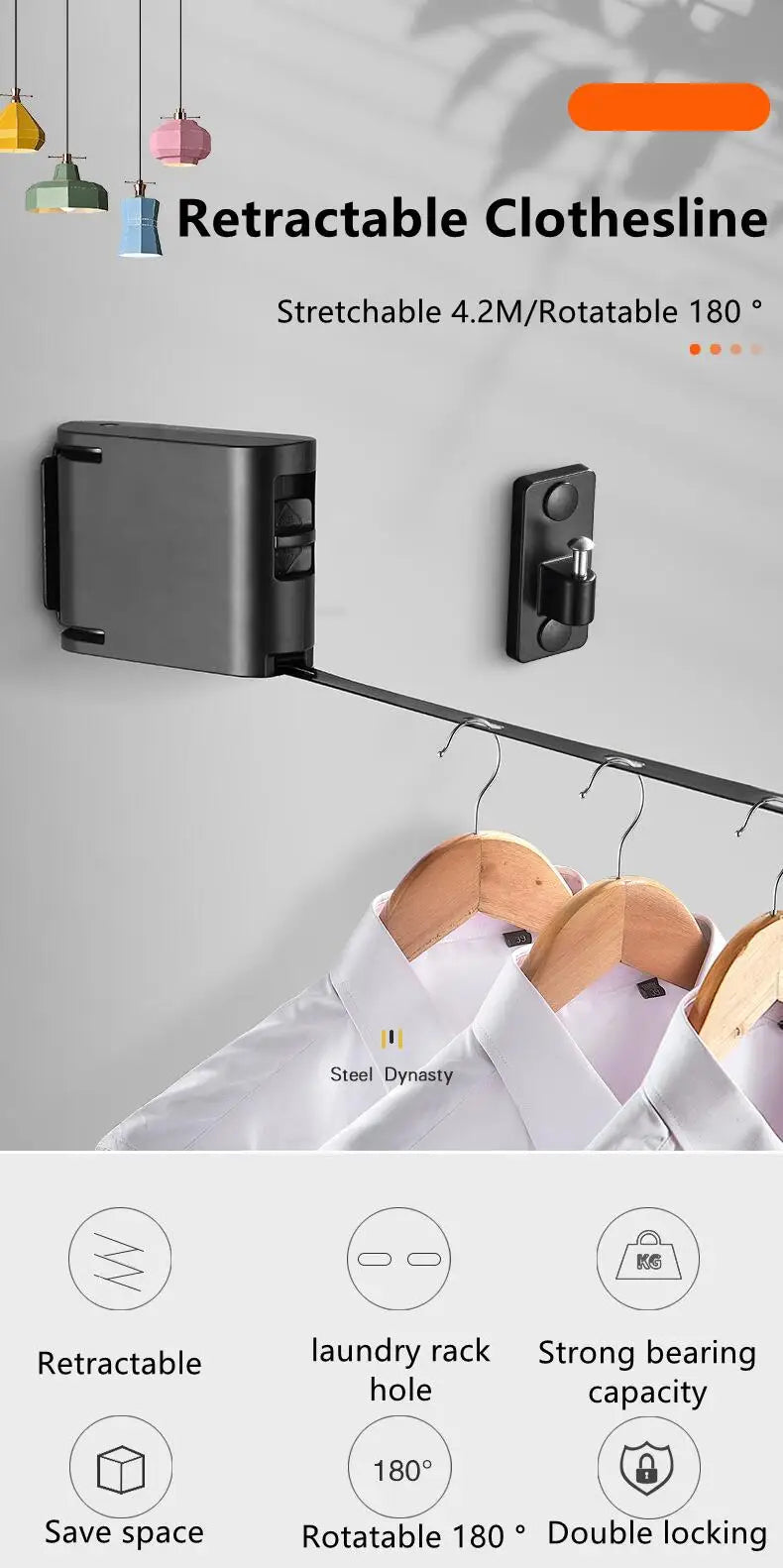 Retractable Clothesline Indoor Outdoor Clothes Drying Rack Rope