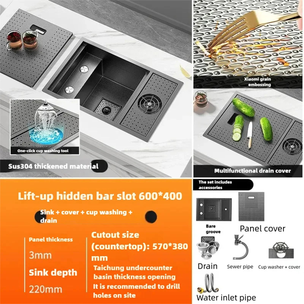 Cup Washer Hidden Bar Sinks Lid Multifunctionalstainless Steel