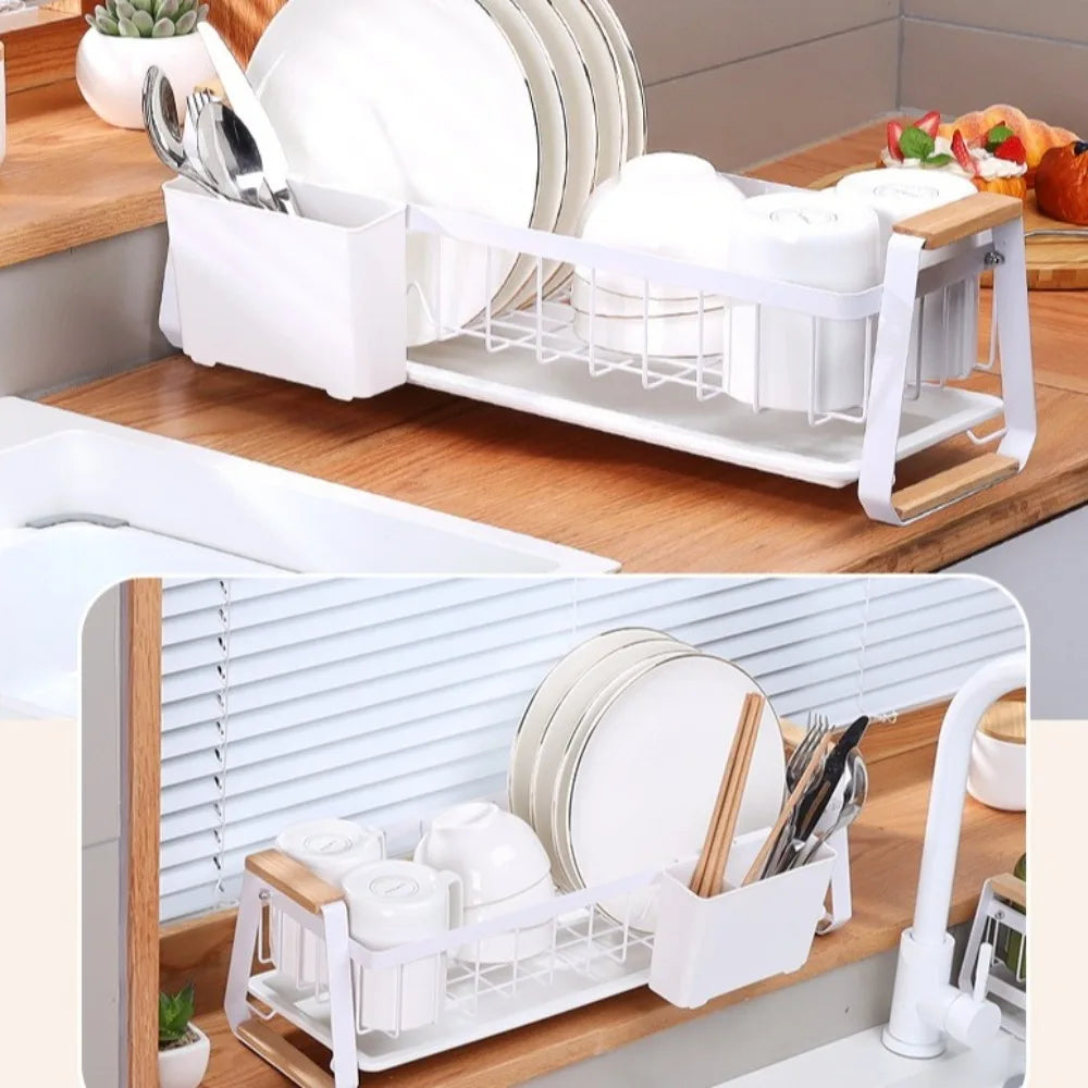 Detachable Dish Rack Wooden Handle Large Capacity Dish