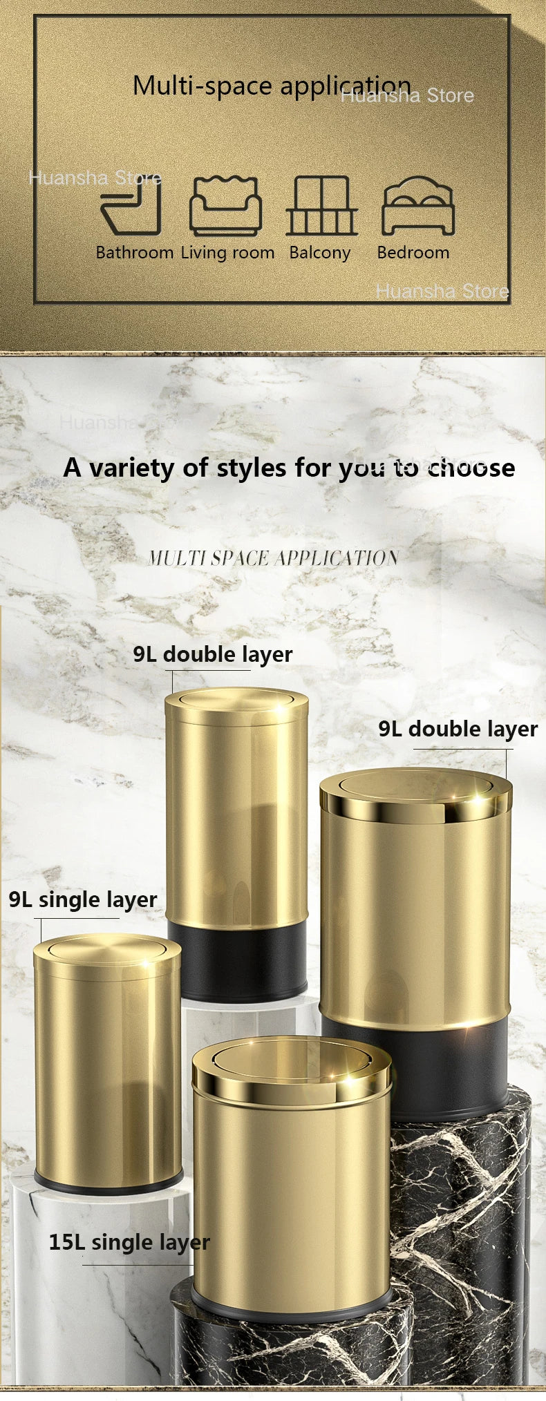 Stainless Steel Trash Can Gold Bathroom Bedroom Recycle