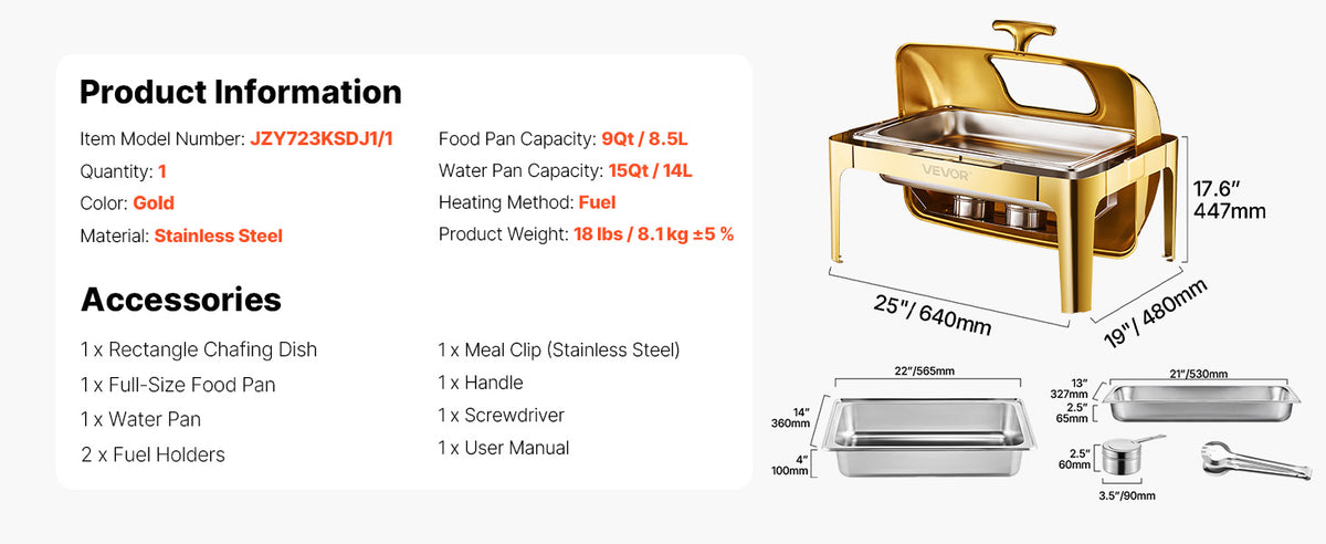 Succebuy 9qt Roll Top Chafing Dish Buffet Stainless