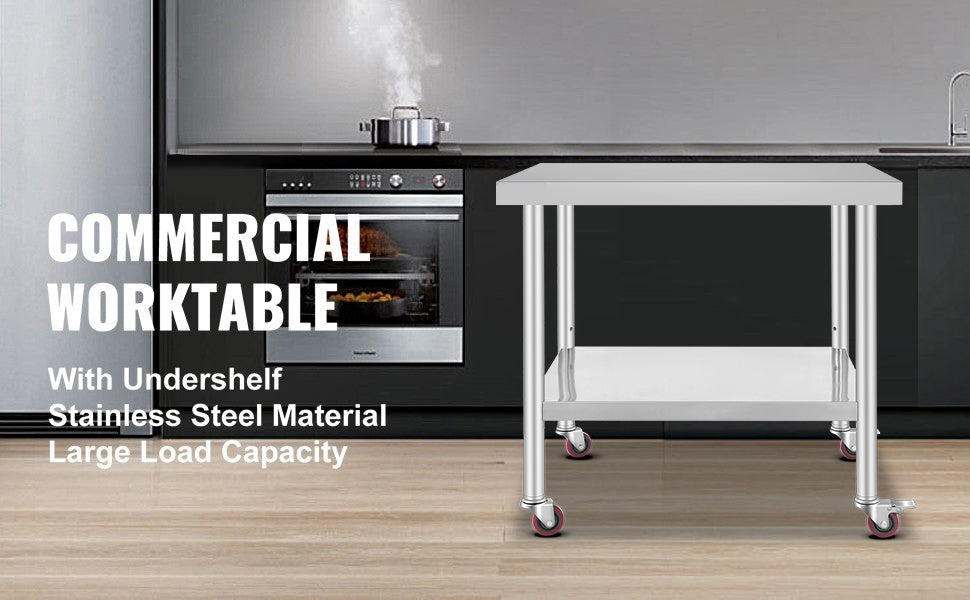 Succebuy Stainless Steel Prep Table Caster Wheels Backsplash
